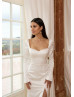 Long Sleeves Ivory Satin Tie Back Slit Modern Wedding Dress Long Sleeves Ivory Satin Tie Back Slit Modern Wedding Dress